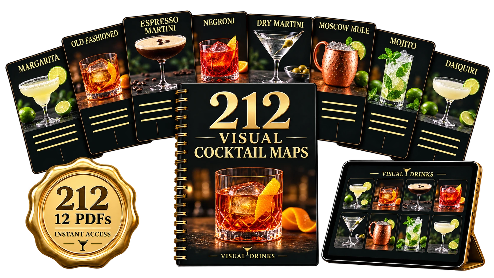 Official Visual Drinks product mockup with +212 visual maps and digital tablet