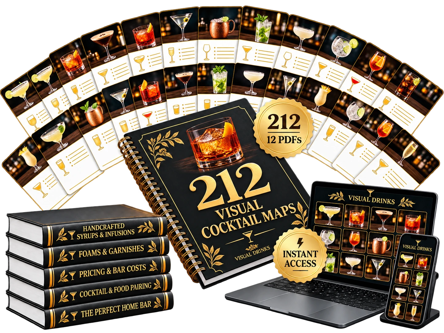 Official Visual Drinks product bundle mockup with 12 volumes and bonus guides
